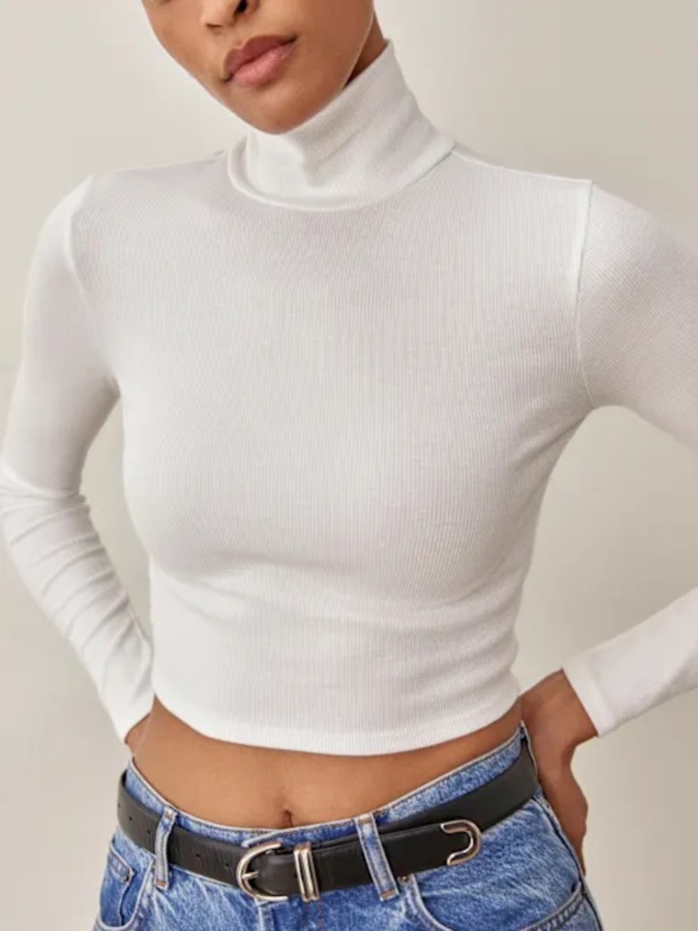 Reformation Davy Cropped Ribbed Turtleneck Tee White - Size S